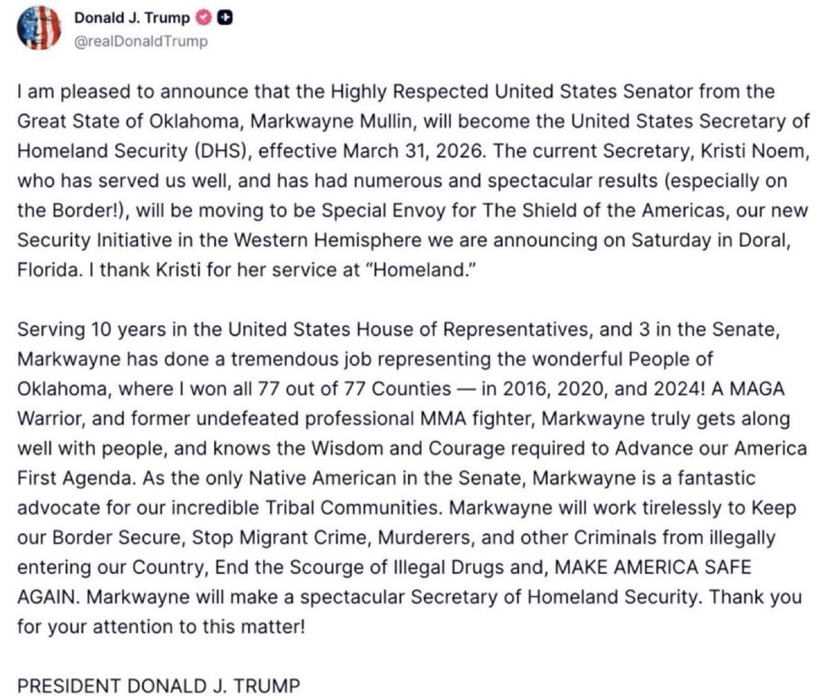 Simi28_'s tweet image. BREAKING: President Trump announces DHS Secretary Kristi Noem is being replaced by Senator Markwayne Mullin