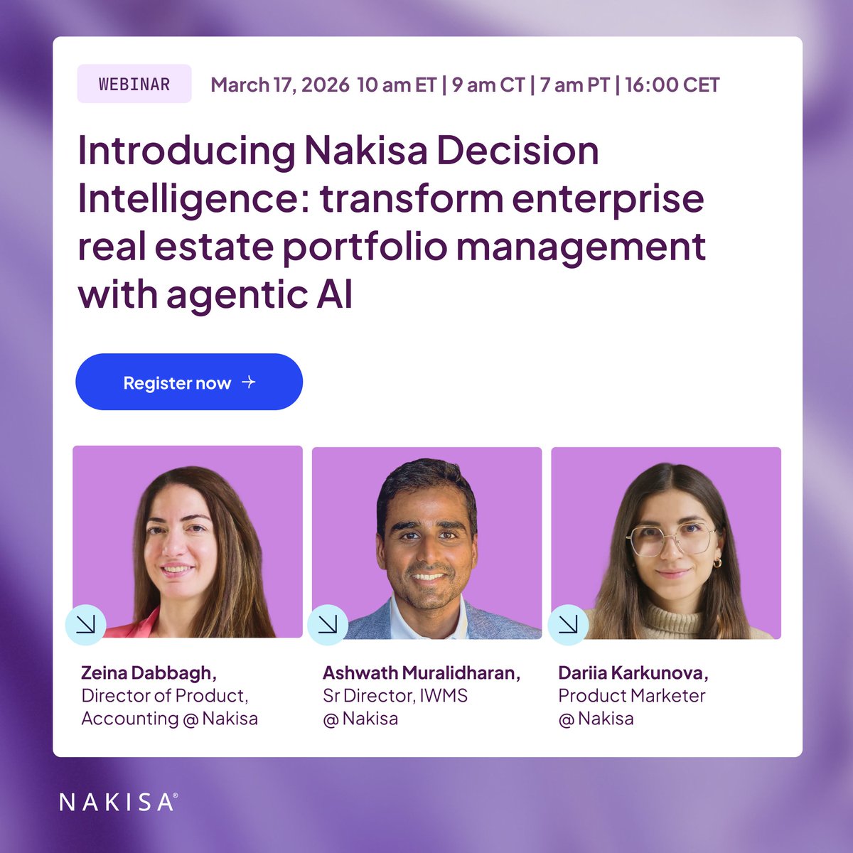 NakisaInc's tweet photo. 😩 Tired of juggling 40+ Excel tabs, macros, &amp; fragmented analytics?📅 Join us for a live product demo of Nakisa Decision Intelligence (NDI). See how it helps real estate &amp; finance leaders make strategic decisions faster and with more confidence📢 Register https://t.co/QN4mOuJXGY https://t.co/0k04FYYb2v