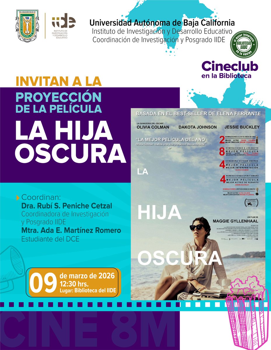 🎬 En el marco de las actividades del #8M, les invitamos a asistir y participar en la proyección de la película “La hija oscura”.

📍 ¡Les esperamos para compartir esta actividad y conversar colectivamente!

#CineClub en #BibliotecaIIDE 🍿🎥