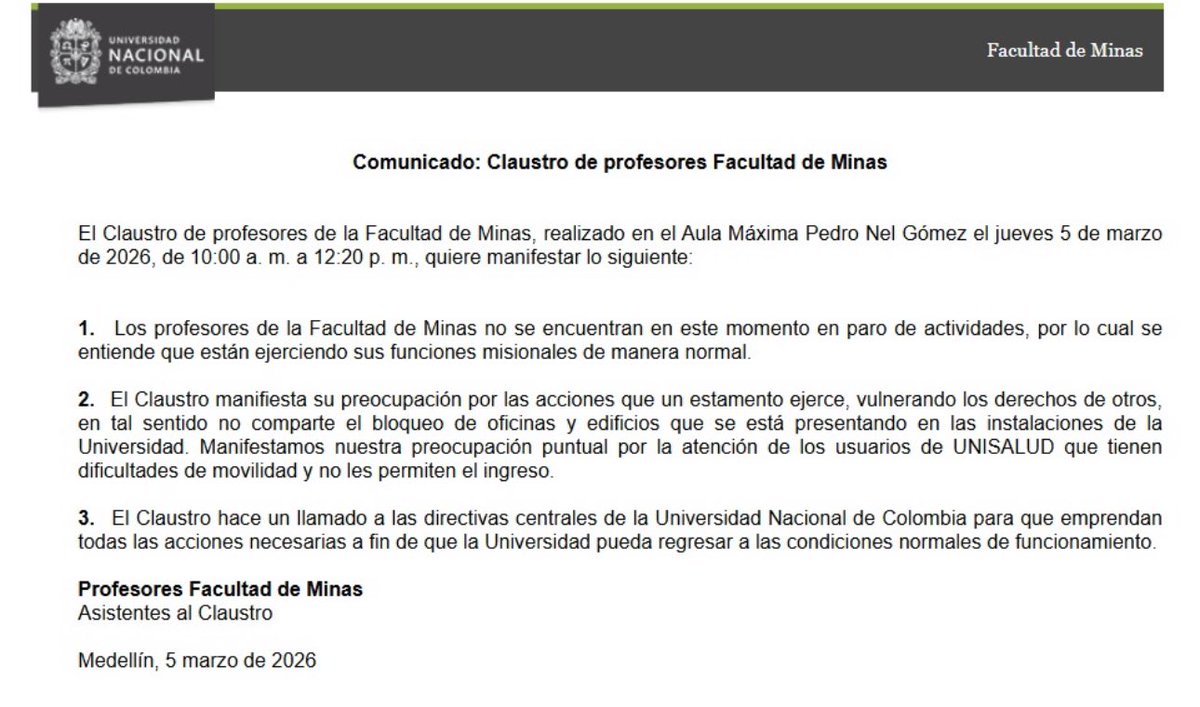 ⁦<a href="/fminas/">Minas Medellín UNAL</a>⁩ ⁦<a href="/UNALOficial/">Universidad Nacional de Colombia</a>⁩…del Claustro de Profesores