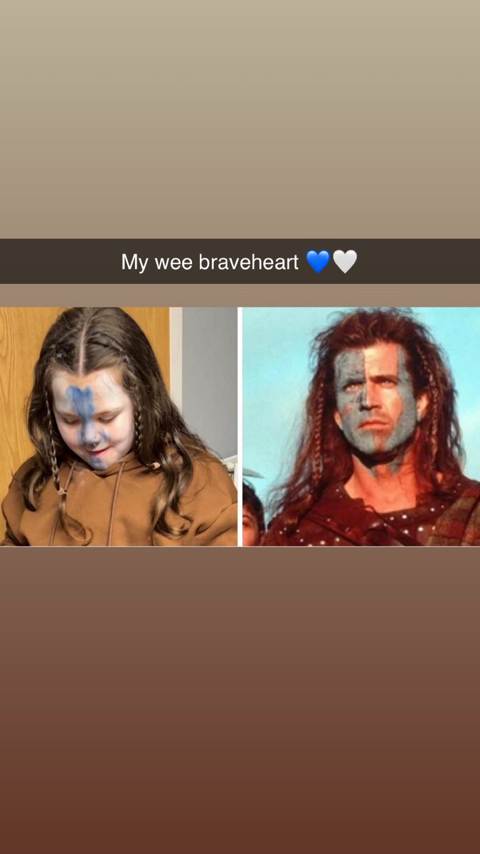 xgemmaxgx's tweet photo. @MelGibArchive Addie age7 dressed as William wallace for world book day , Addie has autism and non verbal she’s wondering what’s going on haha but really enjoyed her face paint and sword https://t.co/grDCK0DEpe