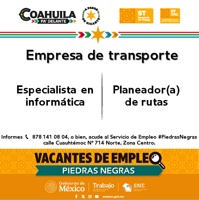 📢Vacantes de empleo en #RegiónNorte  
#PiedrasNegras  

📌 Servicio de Empleo #PiedrasNegras
 📍 Dirección: Cuauhtémoc N° 714 Norte, Zona Centro
📞 Informes: 878 141 08 04

Contáctanos hoy mismo.  

#CoahuilaPaDelante #APasosDeGigante #SNEparaTodos