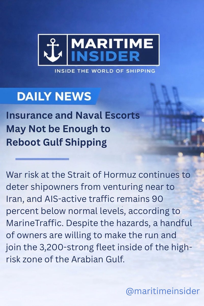 MartimeInsider's tweet photo. 🔵Daily News: 

War risk at the Strait of Hormuz continues to deter shipowners from venturing near to Iran, and AIS-active traffic remains 90 percent below normal levels, according to MarineTraffic. Despite the hazards, a handful of owners are willing to make the run and join the 3,200-strong fleet inside of the high-risk zone of the Arabian Gulf. 
"Stop trying to pass the Strait of Hormuz," security consultant Martin Kelly of EOS Risk Group implored shipowners. "There [have] been at least 10 attacks against shipping in 72 hours. At least one person dead, and at least one ship abandoned. . . . Please, defer transit."
Iran's strikes on shipping multiplied over the course of Tuesday and Wednesday, according to UKMTO. Six incidents were reported on March 3-4: a hit on the bulker Gold Oak off Fujairah, resulting in hull damage; a hit on the tanker Libra Trader off Fujairah, resulting in minor damage; a near-miss spotted by the container ship MSC Grace off Dubai; a close-in near miss on an unnamed vessel in the Gulf of Oman, nearly 140 nm offshore; a serious hit aboard the boxship Safeen Prestige in the Strait of Hormuz, resulting in a fire in the engine room and a decision to abandon ship; and (most recently) an apparent small-boat commando attack on a tanker 30 nm south of Kuwait, resulting in a blast and an oil spill. 
A U.S. pledge to provide insurance for shipping in the region may help from a business standpoint, if it can be actualized, but improved physical security is likely a requirement for sustained commerce at scale. "Insurance may incentivize a few to start transiting but the Iranians will likely attack and then traffic will again cease transit," Odin head analyst Alpman Ilker told Argus Media. 
Physical security have to await the resolution of the conflict. Odds of a naval escort mission appears limited given the intensity of ongoing combat in the Gulf region and the availability of resources. Most of the attacks to date have occurred far outside the Strait of Hormuz, at locations from Kuwait to Salalah. Any U.S. Navy assets tasked to escort duty would have to spend days in range of Iranian missiles and drones, requiring the crews to defend themselves as well as their convoys. 
"The Red Sea precedent is instructive: 15 months of 'Operation Prosperity Guardian' escorts failed to restore commercial traffic despite 400 drones/missiles downed," commented analysts with SSY Global in a new research note. "[At Hormuz] physical geography favors the attacker. TSS lanes are two nm wide each direction; vessels transit at 10–12 knots and must turn at the narrowest point adjacent to Iranian islands. A destroyer can intercept missiles but cannot simultaneously sweep mines, counter drone-boat swarms from multiple bearings, and manage GPS disruption."
The shadow fleet tankers that serve Iran have no such security concerns, at least based on satellite imagery. The loading berths at Kharg Island are still running at full rate, according to https://t.co/fhXs3FGpHT. 

Follow @MaritimeInsider for verified maritime updates.

Join our WhatsApp channel for more updates:
https://t.co/P84F1J4Z8k 

Join our X account : 
https://t.co/3lm2KAOhfV 

Join our FB page : 
https://t.co/TE7j5l1BGk

#MaritimeInsider #MaritimeNew #ShippingNews #PortUpdates #GlobalShipping