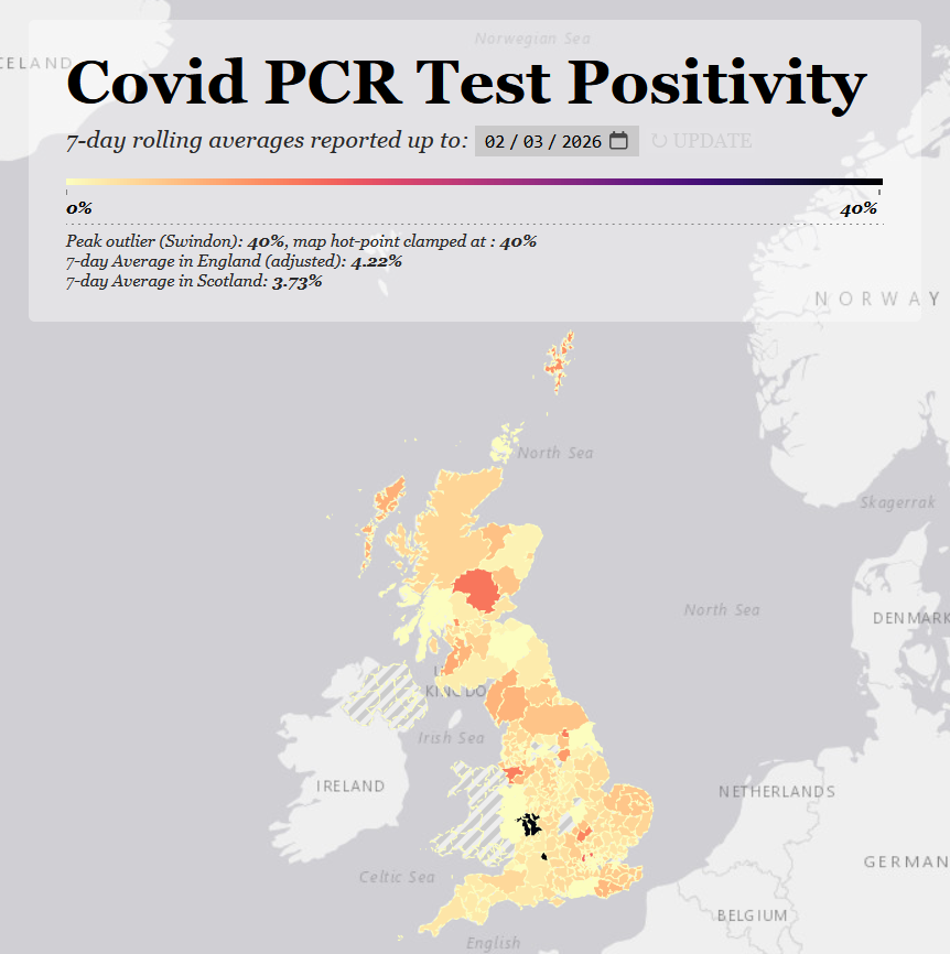 skeuomorphology's tweet photo. The PCR positivity map is out, and positivity is up slightly in England, down slightly in Scotland.

Hotspots haven't changed, but the levels in those hotspots have.

https://t.co/1phcyp7jth

1/6 https://t.co/re2974tJCp