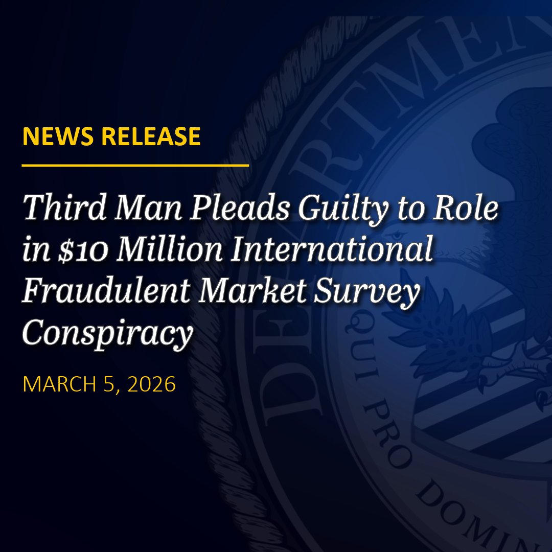 Ryan Stoudt, of Texas, admitted today to conspiring with seven others in a $10 million international scheme to sell fabricated market survey data using research companies based in New Hampshire and Illinois. He is the third man to plead guilty in connection with this #FBI Boston