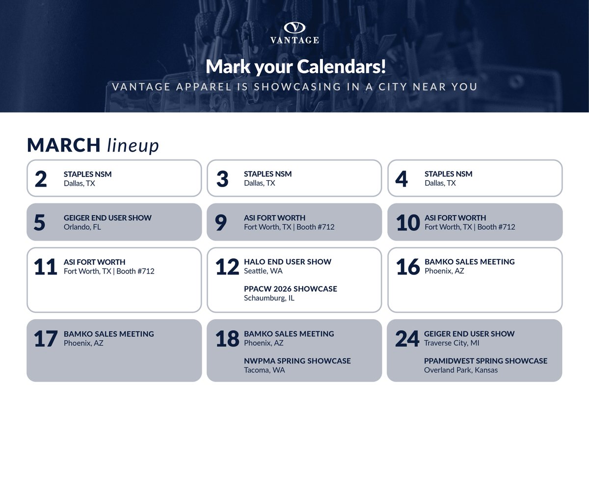 vantageapparel's tweet image. Our March trade show calendar is here! 👀
Which show will you be attending this month? Comment below—let’s connect! 

#VantageApparel #TradeShows #PromoLife #PromotionalApparel #BrandedApparel