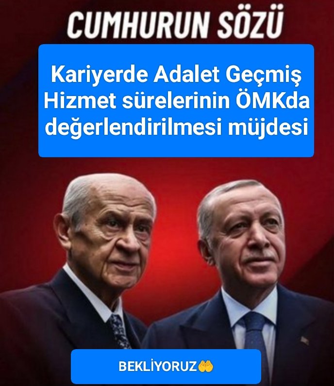 <a href="/RTErdogan/">Recep Tayyip Erdoğan</a> Rabbim bu dar boğazdan salinen çıkmayı
Tüm mağduriyetlerin giderilmesini
Kariyerde Adalet in sağlamasını sizlere nasip etsin Sayın Cumhurbaşkanımız 
Mümkün olacak mı?
<a href="/dbdevletbahceli/">Devlet Bahçeli</a>
<a href="/hasandogan/">Hasan Doğan</a> 
<a href="/oktay_saral/">Oktay SARAL</a>
<a href="/Yusuf__Tekin/">Yusuf Tekin</a> 
#ÖMKdaAdalet