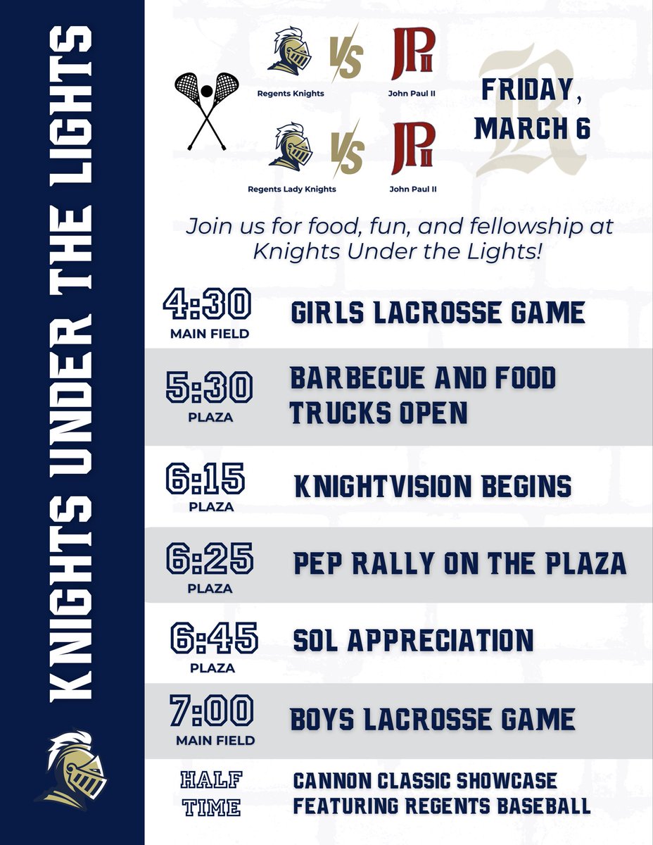 Knights Under the Lights is TOMORROW!

Come out tomorrow night to celebrate Regents Athletics and enjoy good food and fellowship. Cheer on our varsity lacrosse teams and a special appearance from the baseball team. See you there, Go Knights! ⚔️