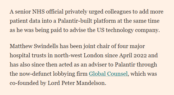 owenboswarva's tweet image. NHS official pushed to add patient data to Palantir platform while also advising company ft.com/content/6c5486… (£)

Federated Data Platform (FDP) contract, awarded in 2023 contractsfinder.service.gov.uk/notice/0f8a65b… 

#NHSdata #patientdata #datasharing #publicprocurement #revolvingdoor