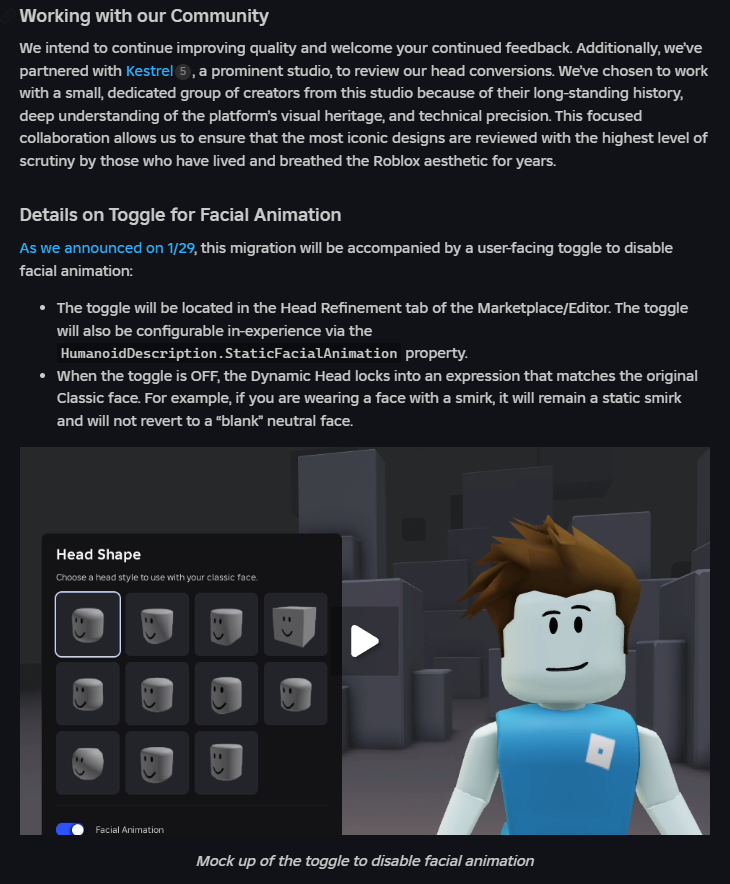 Roblox has released an update on the dynamic head migration and has shown making dynamic heads static using a toggle. 

We still think that forcing dynamic counterparts of static faces People pay tens of thousands of Robux for no matter how much QA is done is not the right way to