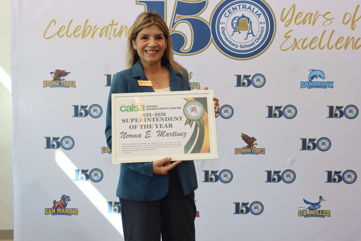 CentraliaESD's tweet image. Superintendent Norma E. Martinez has been recognized again! She's been selected as a 2026 “Honoring Our Own” award recipient by @CALSAfamilia
We're so proud of her incredible work in support of our students. Congratulations Superintendent Martinez!
#CESD150 #CALSA