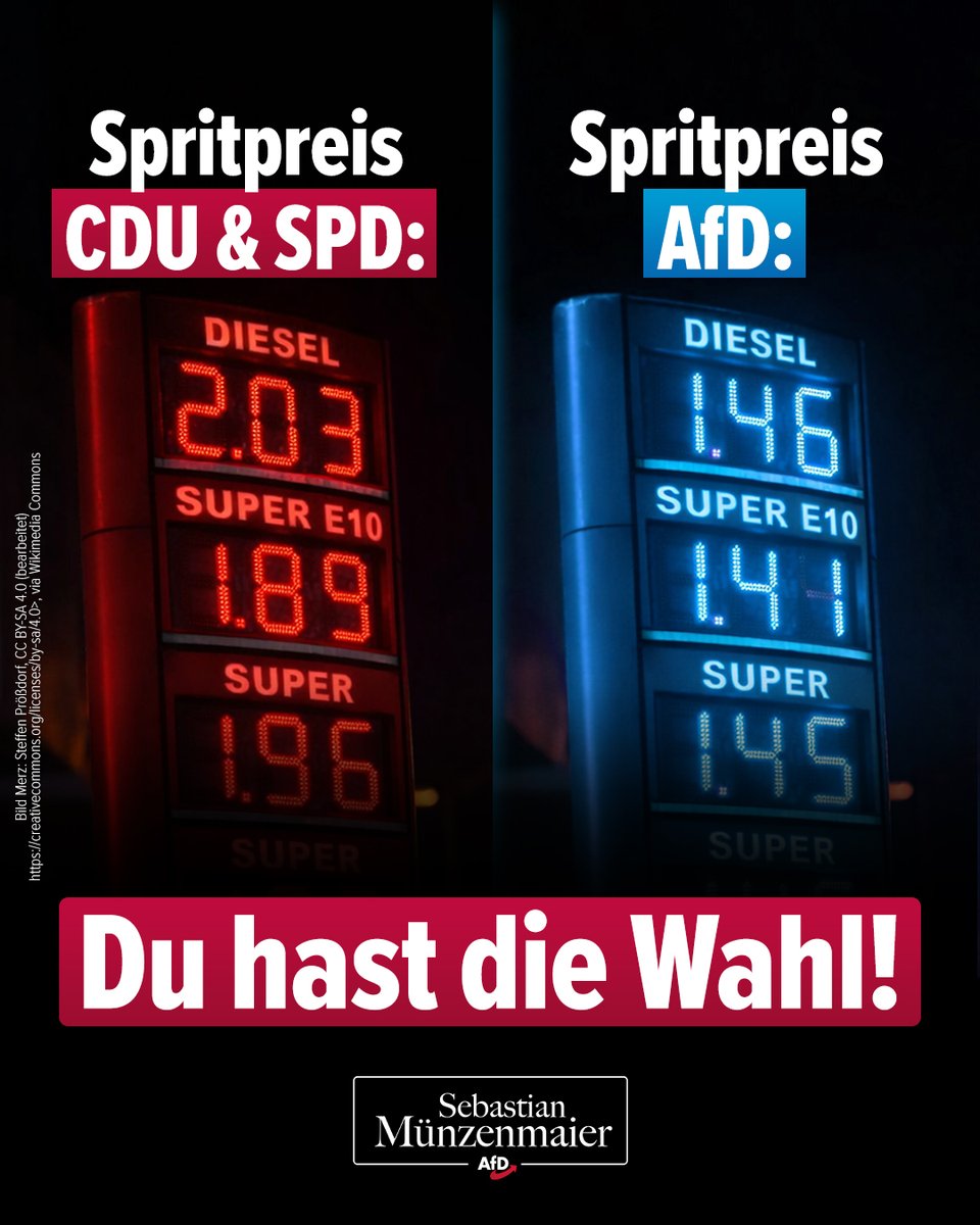 Lass Dir nichts erzählen: Ein Spritpreis von unter 1,50 Euro ist jederzeit möglich, wenn die Regierung nur will. 

Genau dafür setzen wir uns ein: Sofortige Maßnahmen, dich Dich entlasten!

TM