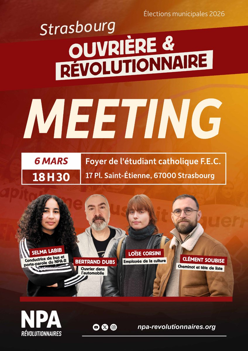 On se retrouve demain pour le meeting de notre liste Strasbourg, ouvrière et révolutionnaire ! 🚩
À 18h30 au FEC, place Saint-Étienne.