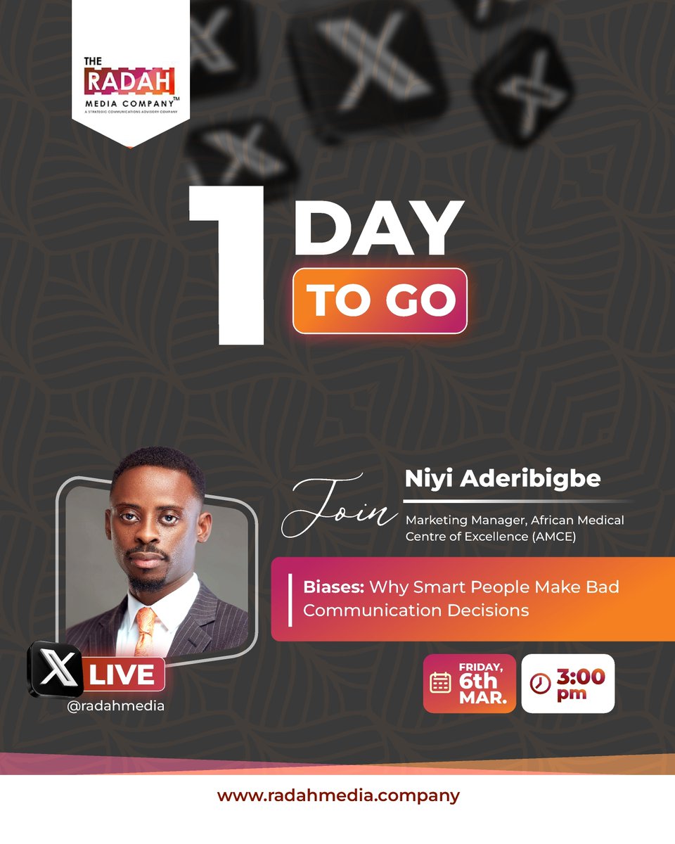 radahmedia's tweet photo. 1 day to go.
Tomorrow, we go deeper into a major reason strong ideas fail. If you lead, market, advocate, or manage reputation, this conversation matters.
#DECODEDLive #StrategicCommunication #Marketing #PR #ReputationManagement https://t.co/kOUqyUzxgV