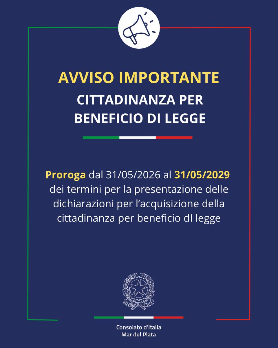 📣AVVISO IMPORTANTE

ℹ️Sono stati prorogati al 31/05/2029 i termini per la presentazione delle dichiarazioni per l'acquisizione della cittadinanza italiana per beneficio di legge.
