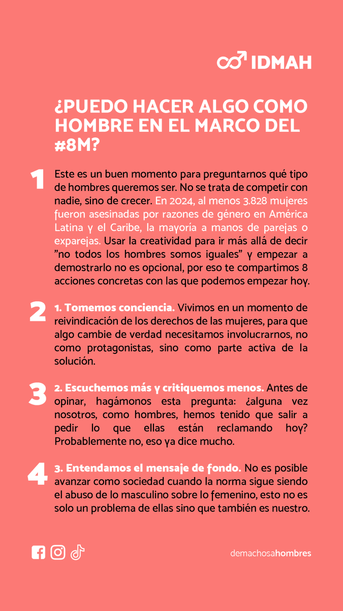 machosahombres's tweet photo. ¿Puedo hacer algo como hombre en el marco del #8M? Te compartimos 8 acciones para sumar desde nuestro lado.
¿Cuál de estas acciones ya estás haciendo y cuál te cuesta más?
#demachosaHOMBRES #MasculinidadConsciente #DiaInternacionalDeLaMujer #Resignificar https://t.co/F2Nbg6uijL