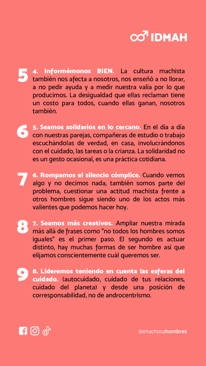 machosahombres's tweet photo. ¿Puedo hacer algo como hombre en el marco del #8M? Te compartimos 8 acciones para sumar desde nuestro lado.
¿Cuál de estas acciones ya estás haciendo y cuál te cuesta más?
#demachosaHOMBRES #MasculinidadConsciente #DiaInternacionalDeLaMujer #Resignificar https://t.co/F2Nbg6uijL
