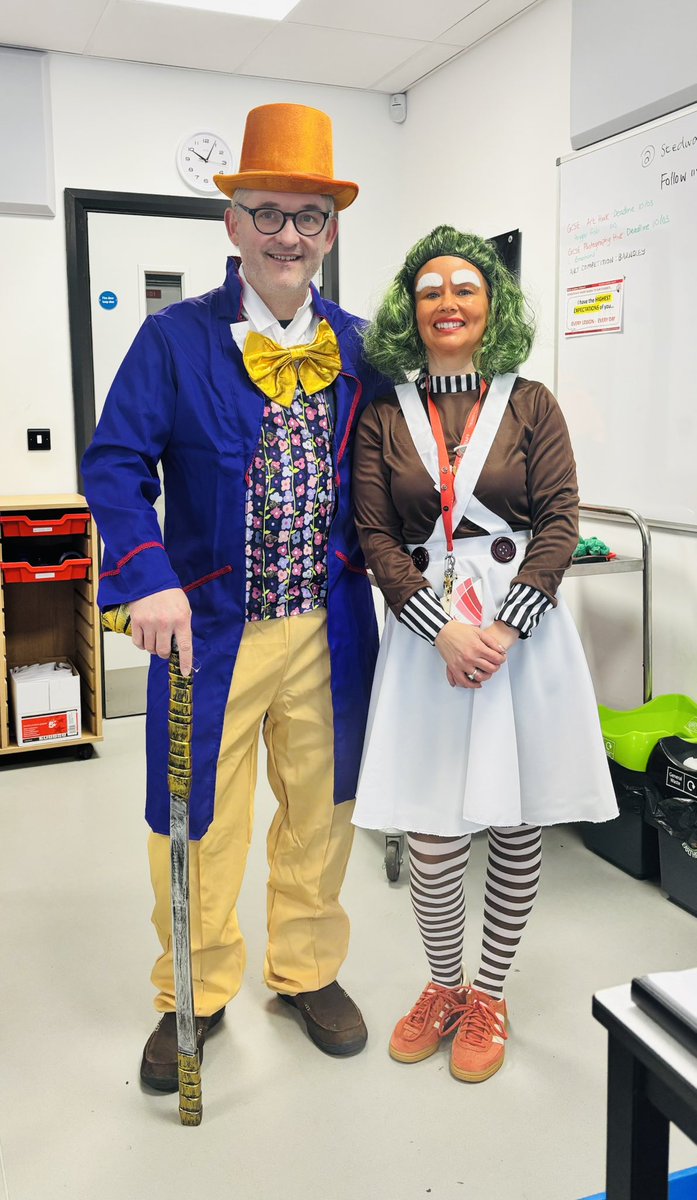 World Book Day fun in the Art Department.
Mrs Beardshall and Mr Dyer stepped straight out of the chocolate factory, and I may have fully committed to the Oompa Loompa lifestyle. #WorldBookDay #SchoolLife #BookCharacters