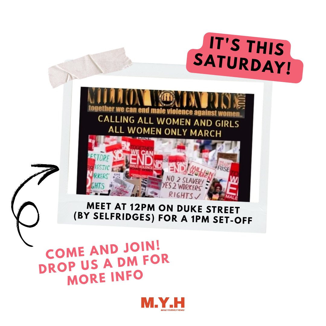 MYH_ldn's tweet image. Spaces like this matter.

Women coming together, showing up, and standing side by side. We’re meeting 12pm on Duke Street (by Selfridges) before the 1pm set-off. Come and join us - drop us a DM if you'd like more info.

#MillionWomenRise #JoinUs #MakeYourselfHeard