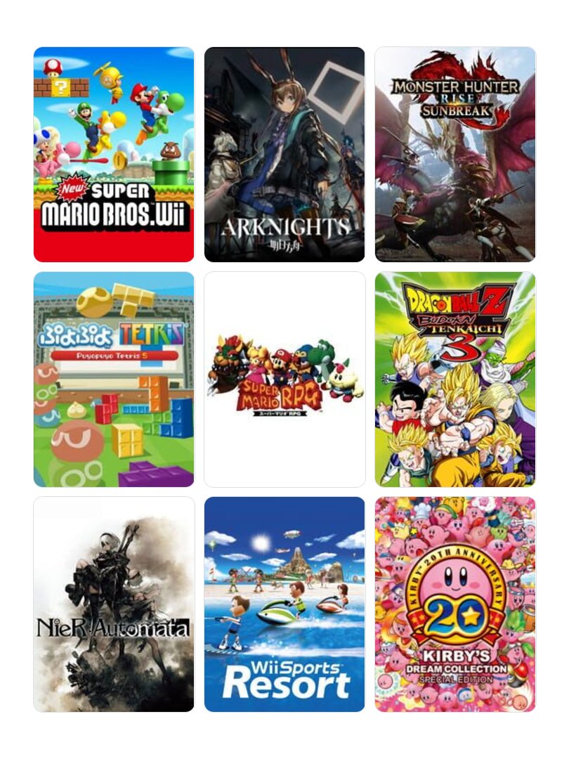 dnp_shonen's tweet photo. NewスーパーマリオブラザーズWii
アークナイツ モンスターハンターライズ：サンブレ
ぷよぷよテトリスS
スーパーマリオRPG
ドラゴンボールゼットスパーキングメテオ
Nier:Automata
wiiスポーツリゾート
星のカービィ 20周年スペシャルコレクション
#私を構成する9つのゲーム https://t.co/9tXtpgOSew https://t.co/umr5MWvWOT