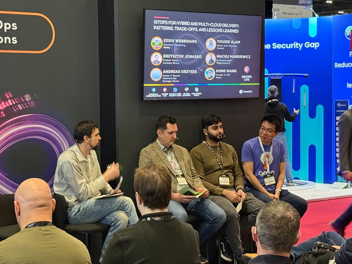 akuityio's tweet photo. Great #GitOps conversation today at #DevOpsLive at #TechShowLondon. ๐ฃ๏ธ
Akuityโs @wanghong230 & Eddie Webbinaro joined leaders from @DentsplySirona and @CowbellCyber to talk real-world hybrid & multi-cloud delivery. ๐
Come by the Akuity booth if you're at the show. ๐
#DevOps https://t.co/neMp02ZR07