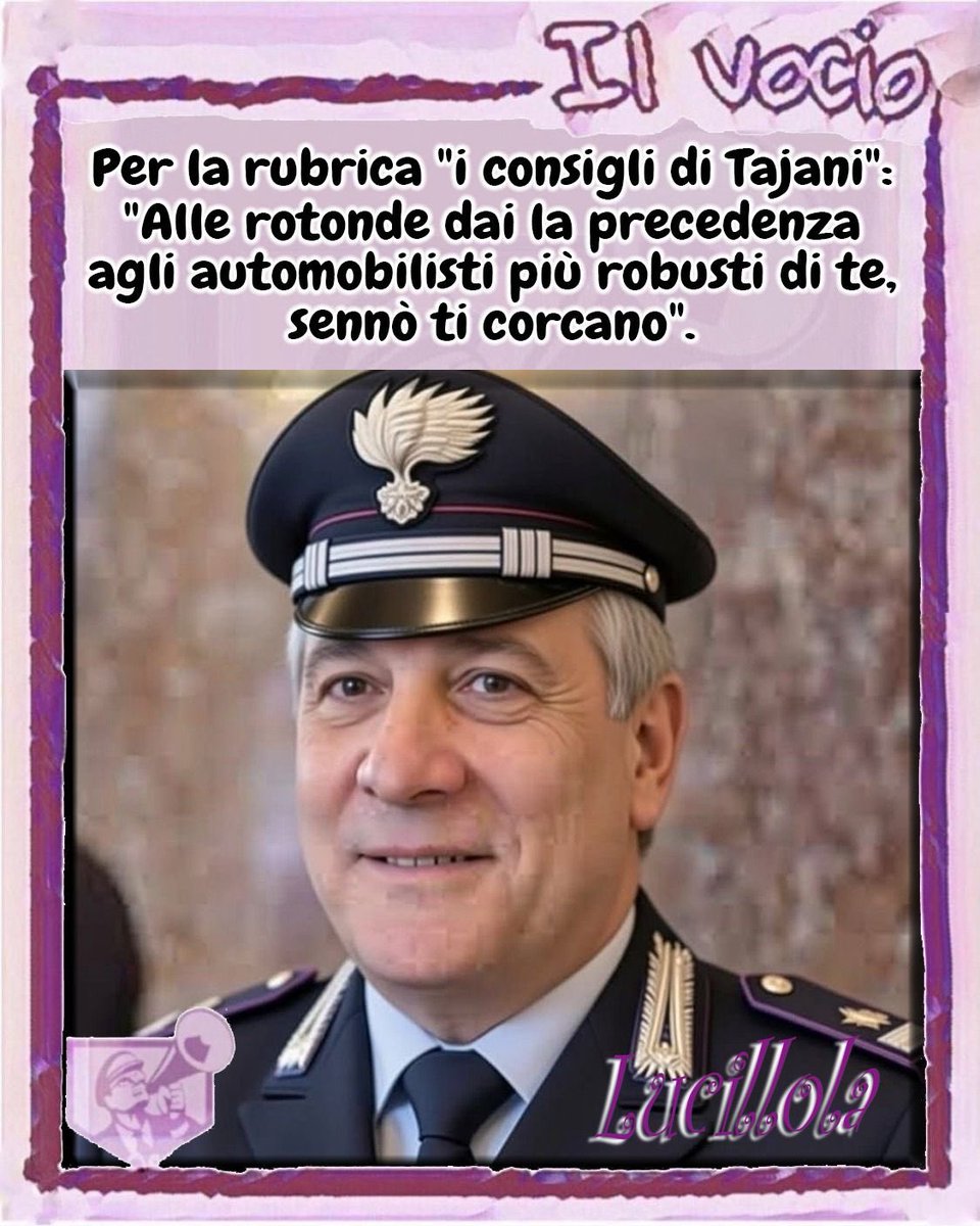 ilvocio's tweet photo. Per la rubrica "i consigli di Tajani":
"Alle rotonde dai la precedenza agli automobilisti più robusti di te, sennò ti corcano".
Lucillola @LucillaMasini2
#lucillola #ilvocio #Tajani #consigli #governoridicolo #capacita #Politica #GovernoMeloni #scappatidicasa https://t.co/VsBLjZupc3