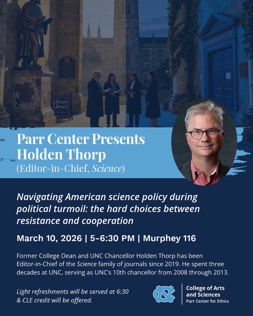 theparrcenter's tweet photo. Join us for the final event of our Spring 2026 Speaker Series: Parr Center Presents Holden Thorp (Editor-in-Chief, Science). Light refreshments will be served at 6:30 and CLE credit will be offered!

#ParrCenterPresents #SpeakerSeries https://t.co/odhwK0vqmt