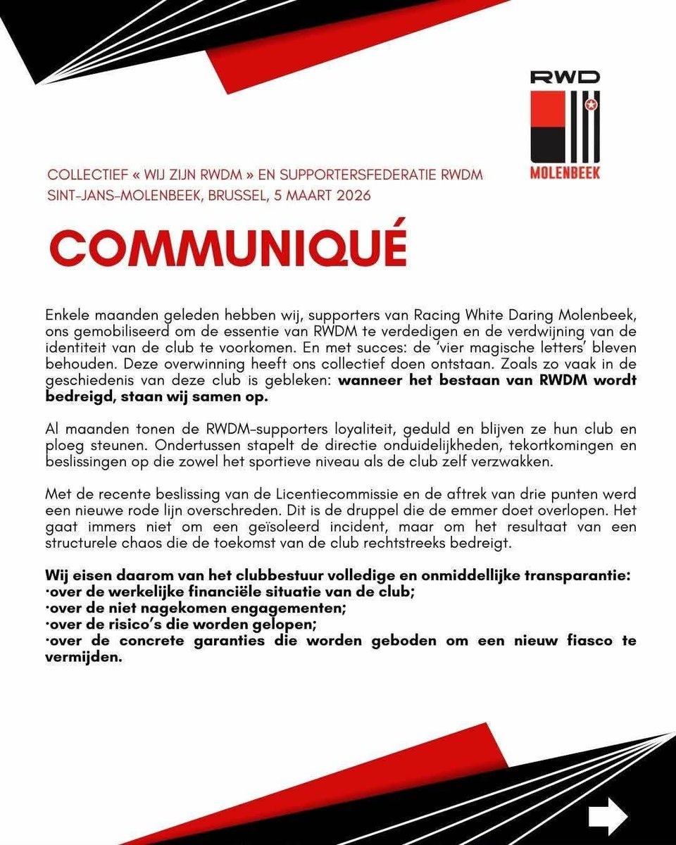 RWDM_Fidels's tweet photo. •🇫🇷
🚨 | Suite à la décision de la commission des licences de ce mardi, le collectif "Le RWDM, c'est nous" accompagné de la Fédération des Supporters du RWDM (avec les groupes Brussels Boys On Tour, Brussels Boys 2025, BrusselsPower2005 - Ultras RWDM, Osseghem Side, RWDM Forever Geraadsbergen et RWDM Ketjes), par la voie d'un communiqué, ont EXIGÉS une TRANSPARENCE TOTALE sur :

- La situation financière du club.
- Les engagements non tenus.
- Les risques encourus.
- Les garanties concrètes mises en place pour éviter un nouveau désastre.

L'ensemble des signataires du communiqués EXIGENT également une MISE EN VENTE du RWDM dès MAINTENANT.

La patience est épuisée. #TextOUT

•🇳🇱
🚨 | Naar aanleiding van de beslissing van de licentiecommissie van afgelopen dinsdag eist het collectief "Le RWDM, c'est nous" – Wij zijn RWDM", samen met de Federatie van de Supporters van RWDM (met de groepen Brussels Boys On Tour, Brussels Boys 2025, BrusselsPower2005 - Ultras RWDM, Osseghem Side, RWDM Forever Geraardsbergen en RWDM Ketjes), via een communiqué VOLLEDIGE TRANSPARANTIE over :

- De financiële situatie van de club.  
- De niet-nagekomen engagementen.  
- De risico’s die eraan vasthangen.  
- De concrete garanties die zijn ingevoerd om een nieuwe ramp te vermijden.

Alle ondertekenaars van het communiqué EISEN ook dat de RWDM VANAF NU TE KOOP wordt gezet.

De geduld is op. #TextOUT

🖤🤍❤️

📰 (Fédération des Supporters du RWDM sur Facebook/RWDM Supportersvereniging op Facebook)