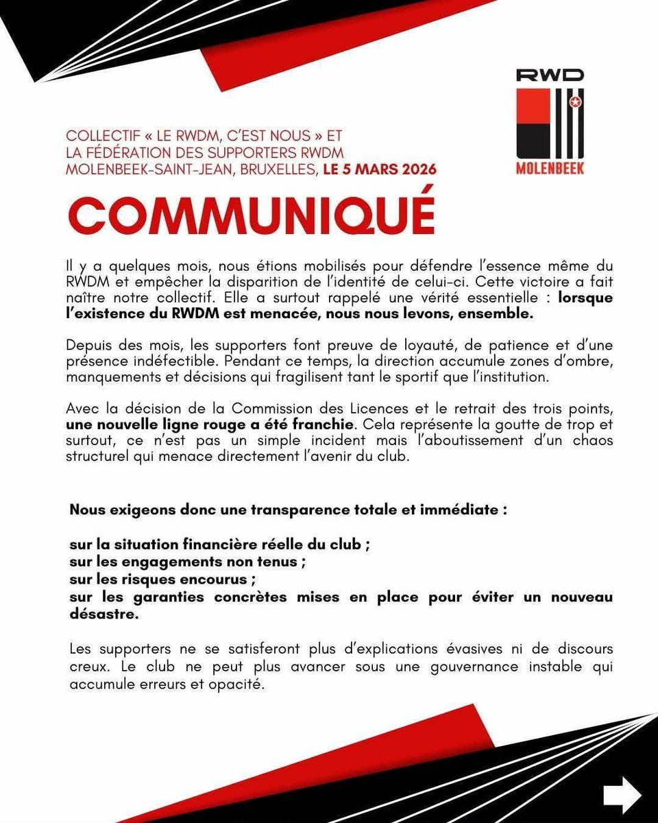 RWDM_Fidels's tweet photo. •🇫🇷
🚨 | Suite à la décision de la commission des licences de ce mardi, le collectif "Le RWDM, c'est nous" accompagné de la Fédération des Supporters du RWDM (avec les groupes Brussels Boys On Tour, Brussels Boys 2025, BrusselsPower2005 - Ultras RWDM, Osseghem Side, RWDM Forever Geraadsbergen et RWDM Ketjes), par la voie d'un communiqué, ont EXIGÉS une TRANSPARENCE TOTALE sur :

- La situation financière du club.
- Les engagements non tenus.
- Les risques encourus.
- Les garanties concrètes mises en place pour éviter un nouveau désastre.

L'ensemble des signataires du communiqués EXIGENT également une MISE EN VENTE du RWDM dès MAINTENANT.

La patience est épuisée. #TextOUT

•🇳🇱
🚨 | Naar aanleiding van de beslissing van de licentiecommissie van afgelopen dinsdag eist het collectief "Le RWDM, c'est nous" – Wij zijn RWDM", samen met de Federatie van de Supporters van RWDM (met de groepen Brussels Boys On Tour, Brussels Boys 2025, BrusselsPower2005 - Ultras RWDM, Osseghem Side, RWDM Forever Geraardsbergen en RWDM Ketjes), via een communiqué VOLLEDIGE TRANSPARANTIE over :

- De financiële situatie van de club.  
- De niet-nagekomen engagementen.  
- De risico’s die eraan vasthangen.  
- De concrete garanties die zijn ingevoerd om een nieuwe ramp te vermijden.

Alle ondertekenaars van het communiqué EISEN ook dat de RWDM VANAF NU TE KOOP wordt gezet.

De geduld is op. #TextOUT

🖤🤍❤️

📰 (Fédération des Supporters du RWDM sur Facebook/RWDM Supportersvereniging op Facebook)