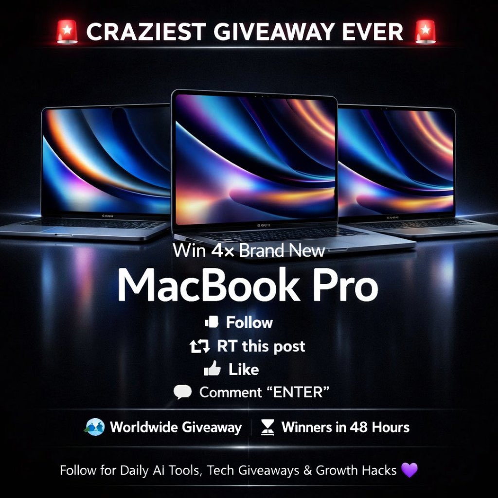 codi_fyy's tweet photo. 🚨THIS IS NOT A NORMAL GIVEAWAY🚨

We’re giving away 4× Brand Macbook pro 📱

FOUR winners. Worldwide. 🌍

Here’s how to enter:
✅ Follow @codi_fyy 
🔁 Repost 
❤️ Like
💬 Comment ENTER
 Winners announced in 48 hours

If you love AI tools,tech updates &amp; growth hacks
Good luck🔥 https://t.co/SstS0KxZat
