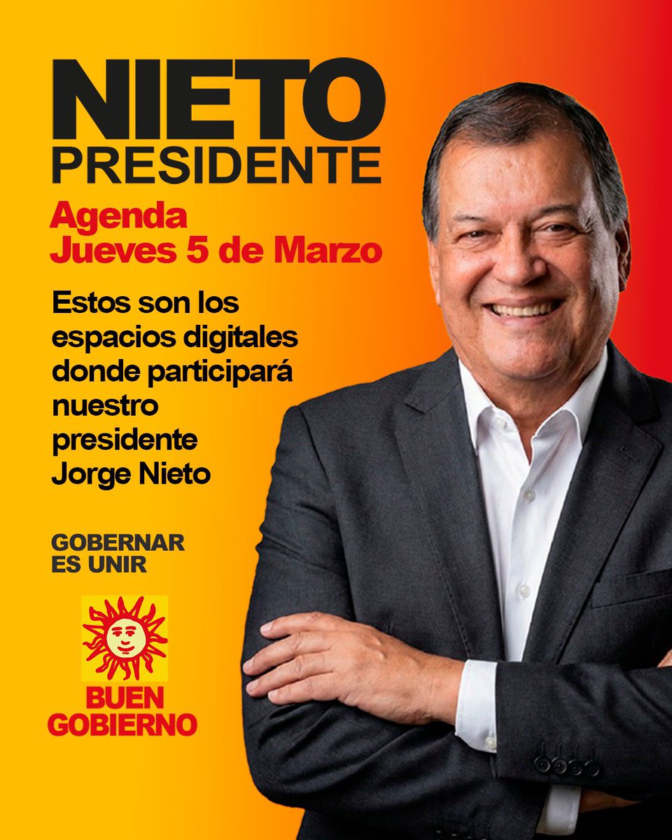 BuenGobiernoPe's tweet photo. Hoy, Jorge Nieto llevará sus propuestas a distintos espacios digitales para dialogar sobre el país que necesitamos construir.
Porque gobernar es unir y todos merecemos #UnBuenGobierno.
#BuenGobierno #GobernarEsUnir #JorgeNieto #MarcaElSol https://t.co/4TWKTyU6vQ