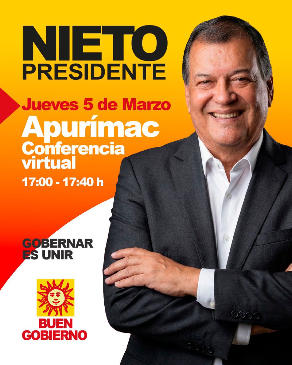 BuenGobiernoPe's tweet photo. Hoy, Jorge Nieto llevará sus propuestas a distintos espacios digitales para dialogar sobre el país que necesitamos construir.
Porque gobernar es unir y todos merecemos #UnBuenGobierno.
#BuenGobierno #GobernarEsUnir #JorgeNieto #MarcaElSol https://t.co/4TWKTyU6vQ