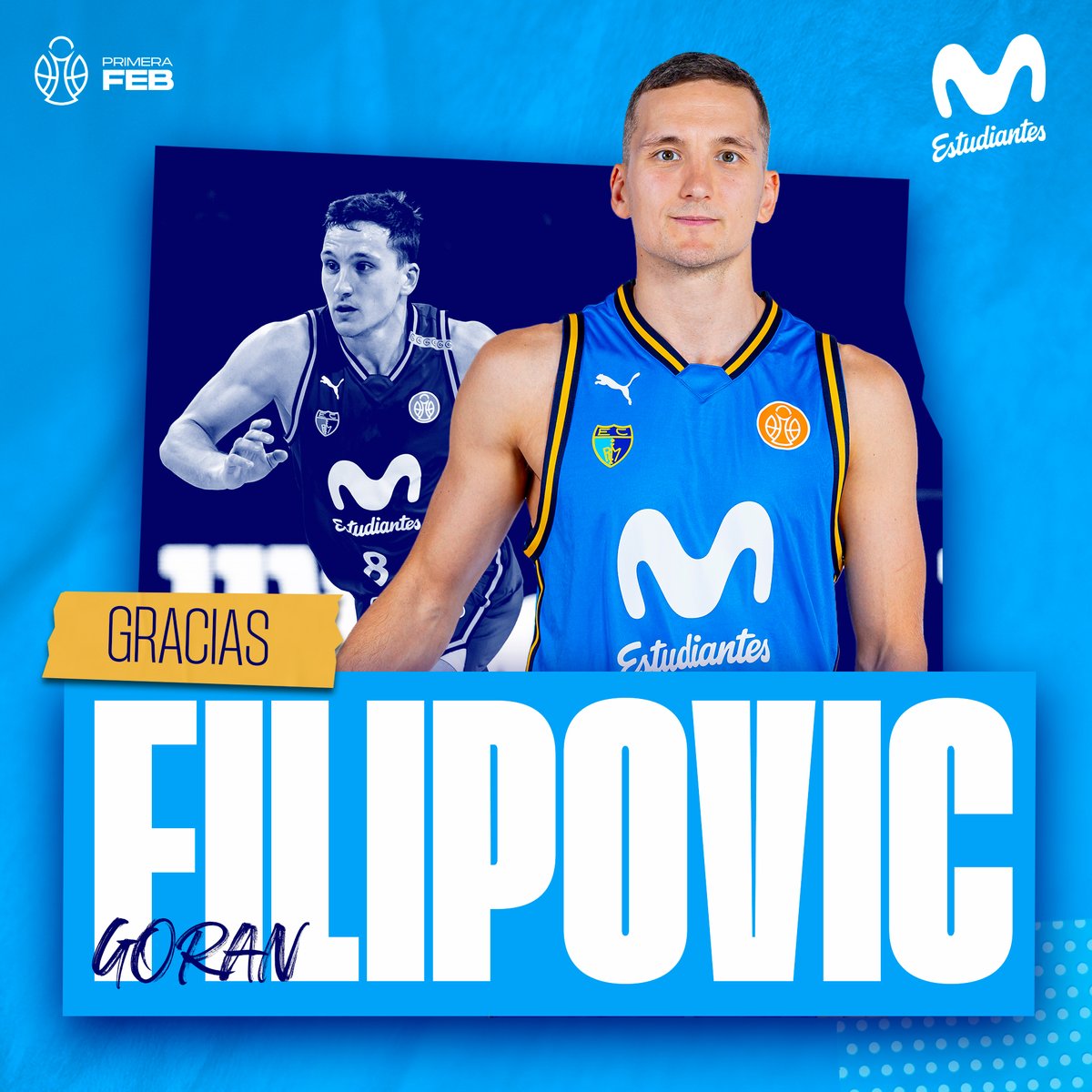 MovistarEstu's tweet photo. 📝 OFICIAL:

Goran Filipovic jugará lo que resta de temporada en el Basketball Nymburk.

Gracias por estos meses de trabajo y compromiso 💙

¡Te deseamos lo mejor en esta nueva etapa, Goran! 🍀🏀

💻 Más info 👇
https://t.co/CPBRncIAcw https://t.co/AafUk4olYr