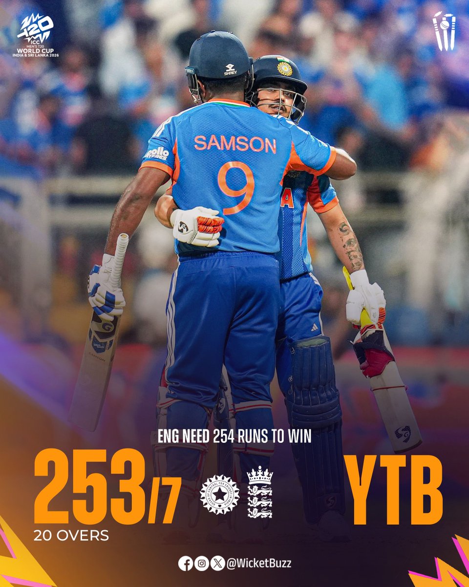 wicketbuzz's tweet photo. 253/7: A WANKHEDE SPECIAL! ๐๏ธ๐ฎ๐ณ
India finishes with a colossal 253! Sanju Samsonโs 89 (42) and Dubeโs 43 (25) set the stage, before Hardik & Tilakโs late blitz. England needs a record 254 to reach the Final! ๐๐ฅ
๐ธ: Getty
#INDvENG #T20WC2026 #TeamIndia #WicketBuzz https://t.co/PPsK8LBOkJ