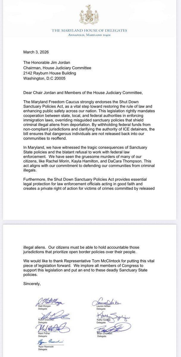 MDFreedomCaucus's tweet photo. In recognition for our strong defense of the 287g program and being a bulwark against pro-illegal immigration, the House Judiciary Committee invited the Maryland Freedom Caucus to the markup of the Shutdown Sanctuary Cities Act. Delegate Brian Chisholm (@chisholmstrong) is representing us this morning. We also submitted a letter of support for the bill.