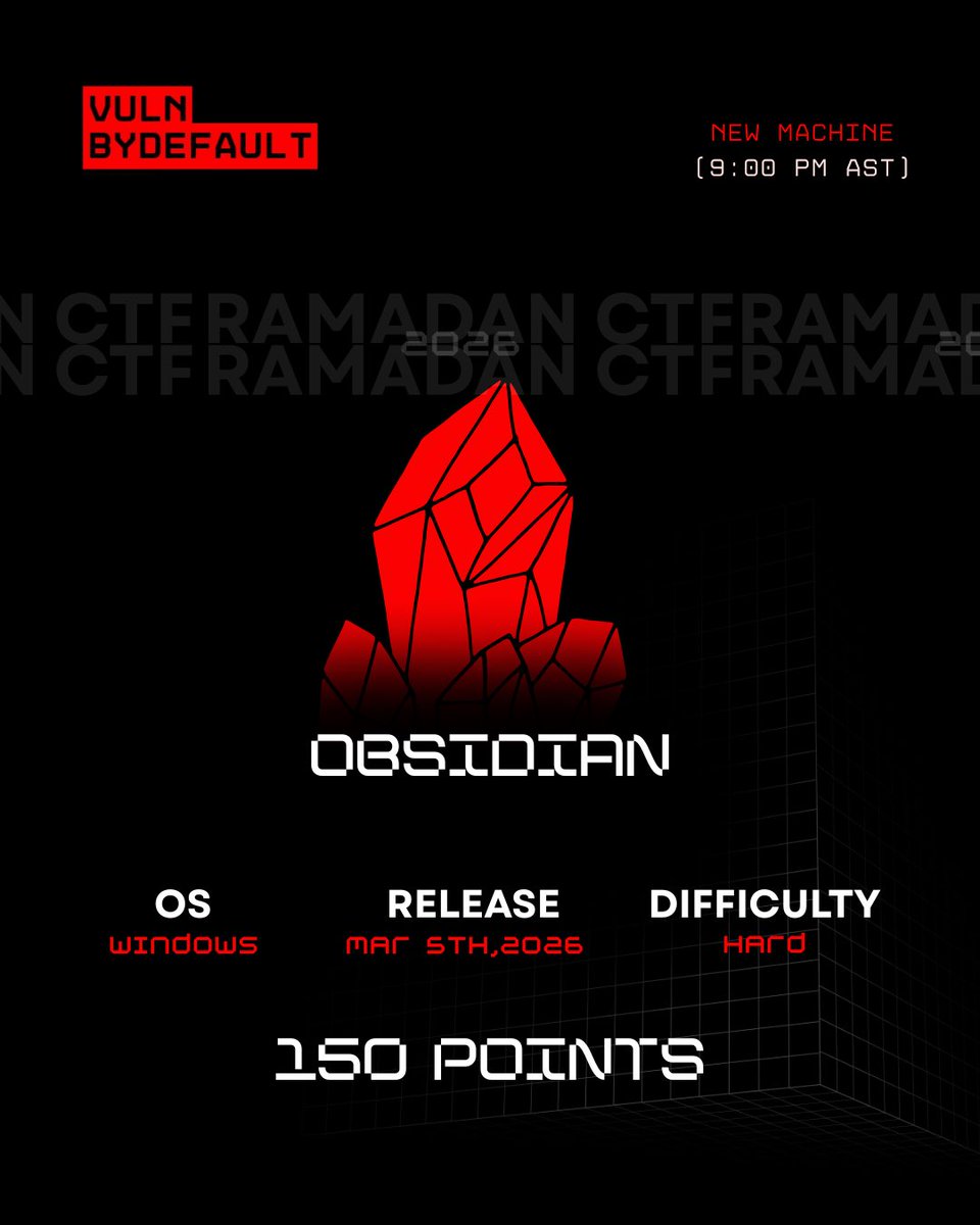 vulnbydefault's tweet photo. Today’s drop

💎 OBSIDIAN
OS: Windows
Difficulty: Hard
Points: 150

Drops at 9:00 PM AST.

#RamadanCTF #CTF #CyberSecurity https://t.co/xSvmi6Z6q4