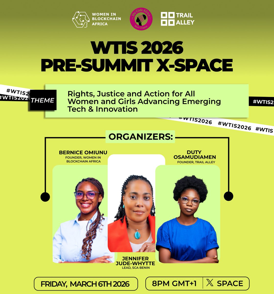 WIB_Africa's tweet photo. 𝗪𝗧𝗜𝗦 𝗣𝗿𝗲-𝗦𝘂𝗺𝗺𝗶𝘁 𝗫 𝗦𝗽𝗮𝗰𝗲 is tomorrow. ⏰
Haven’t set your reminder yet? Do it now 👇
Real conversations on how women actually enter emerging tech.

🎙 Speakers
• @Oluomachi Ibude
• @Folakemi Oladimeji
• @Jobina Arinze 
• @EseMonday1 https://t.co/IZJ2LJ02Z2