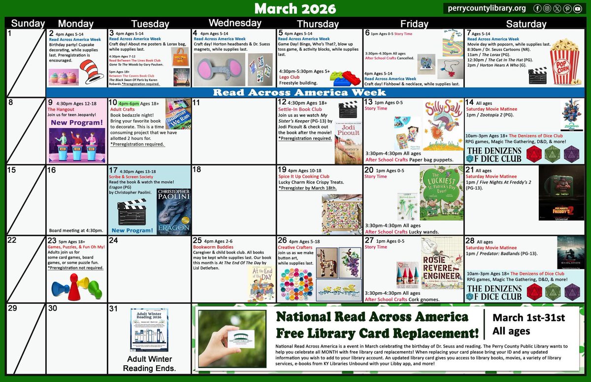 PerryCoLibrary's tweet photo. March is here, and so is our new calendar! 🍀We have a full month of great activities you won't want to miss! 
📕 Read Across America Week &amp; free library card replacement! 
😎The Hangout: Teen Jeopardy
✨Adult Craft: Book Bedazzle
🎬Scribe &amp; Screen Society https://t.co/QOn501r6i0
