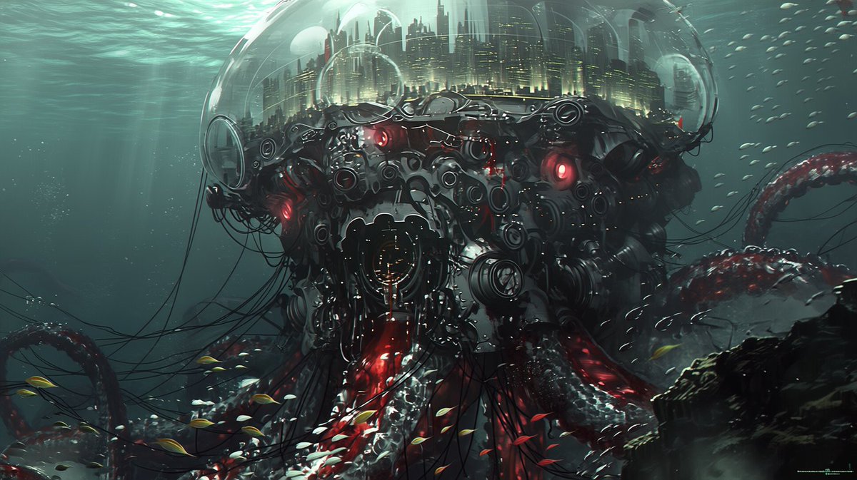 kugerukokok's tweet image. day 5 from #mechapunk series
the dome: colossal class battleship, nobles choose to build their own bunker under the sea to escape apocalypse, nuclear powered, able to submerge into deep sea
#jellyfish #cyberpunk