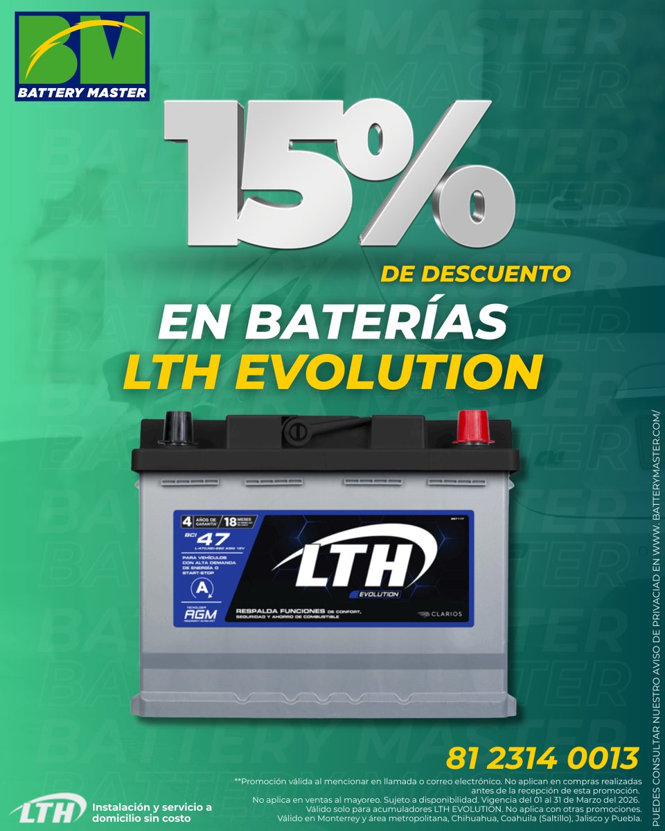 BatteryMasterMX's tweet image. Aprovecha el 15% de DESCUENTO en baterías LTH Evolution durante todo marzo en Battery Master.
🛠️ Instalación y servicio a domicilio SIN COSTO. 📞 Llama al 81 2314 0013.
Válido en MTY, Chihuahua, Coahuila, Jalisco y Puebla. ¡Menciona este post!  #Promoción #LTH #BatteryMaster