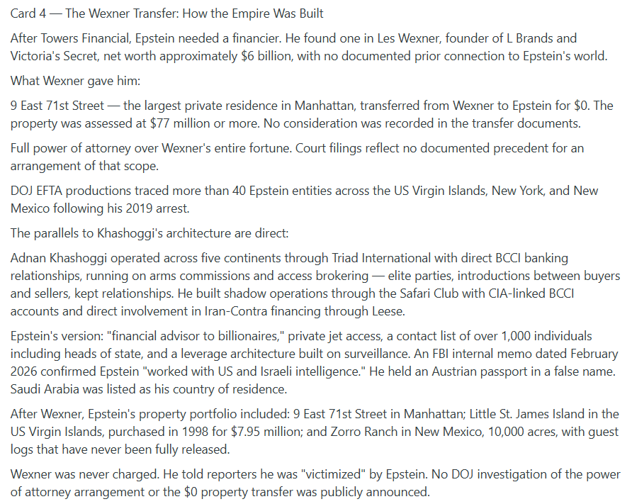 RudyHavenstein's tweet photo. More fascinating research from a civilian researcher (since the Feds are complicit). I haven't vetted everything personally but there's only so much I can do.

Dig in. 

#Wexner #Epstein #Khashoggi #BCCI #Leese #IranContra #Norinco #Hoffenberg #GoldenChange

https://t.co/8LkWRAOkoJ