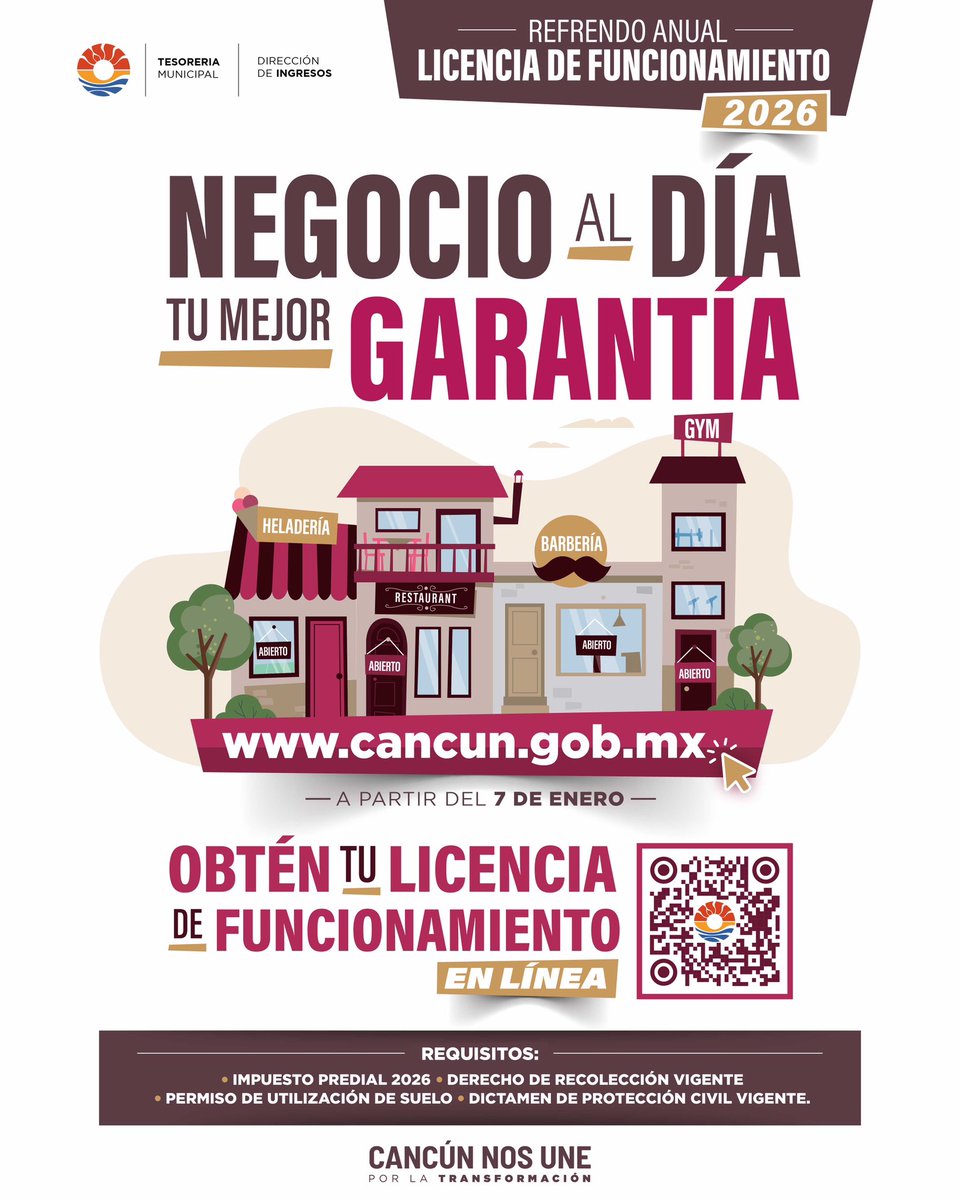 📢  Cancunenses, ya pueden realizar el refrendo anual de su Licencia de Funcionamiento 2026 de manera fácil, rápida y en línea.

🗓️ Ingresando a:
🌐 cancun.gob.mx

Trabajamos por un Cancún con orden y legalidad.

#CancúnNosUne #PorLaTransformación