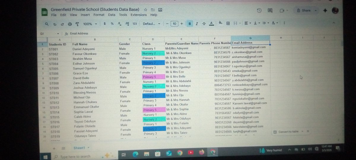 lo_lade's tweet photo. Day 16/30 of my learning at TS Academy 📚
@theglobalmarvie
In our last class, we learned how to use Google Sheets to create and organize documents. So I asked AI for a small project to practice with, and it suggested creating a Student Database.

#30DaysOfTech 
#LearningWithTS https://t.co/wnKBWRK2EF