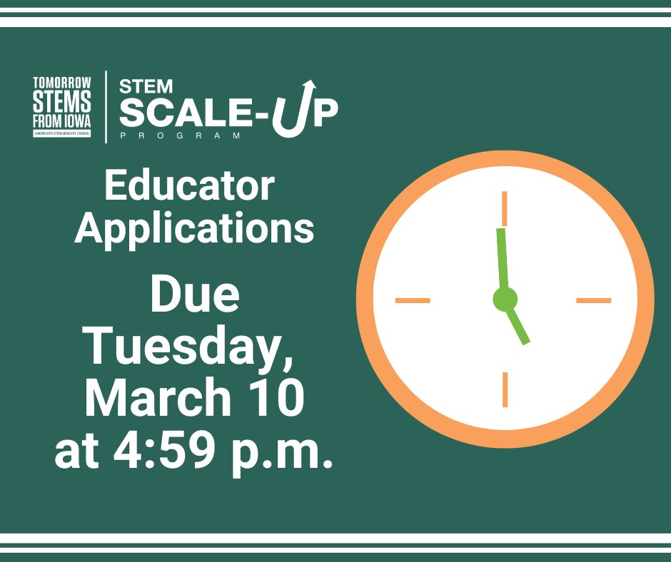 NE_IA_STEM's tweet image. Time is running out! Have you applied for a STEM #Scale-UpProgram?  Apply by 4:59PM tomorrow.  To view the programs, or to apply, visit educate.iowa.gov/iowa-stem/stem…