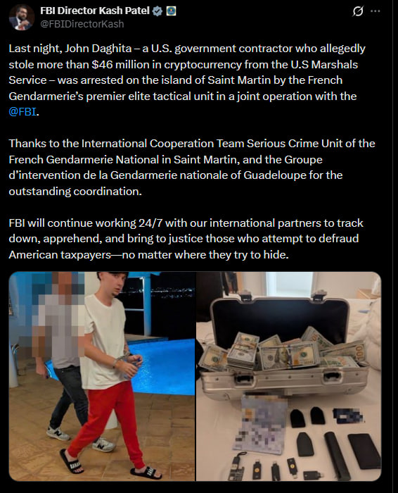 🚨 JUST IN: FBI arrests John Daghita in connection with the $40M US  government crypto asset theft case, per reports.