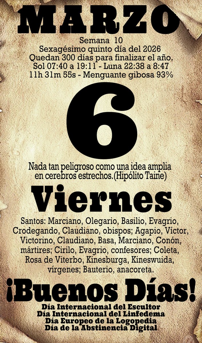 Salva__RC's tweet photo. La🌿del #Almanaque . #Calendariodiario #Calendariodiario #Efemerides #Santoral #TalDíaComoHoy #06deMarzo #Vernes #FelizViernes #BuenosDias https://t.co/kHpMyiaKPB