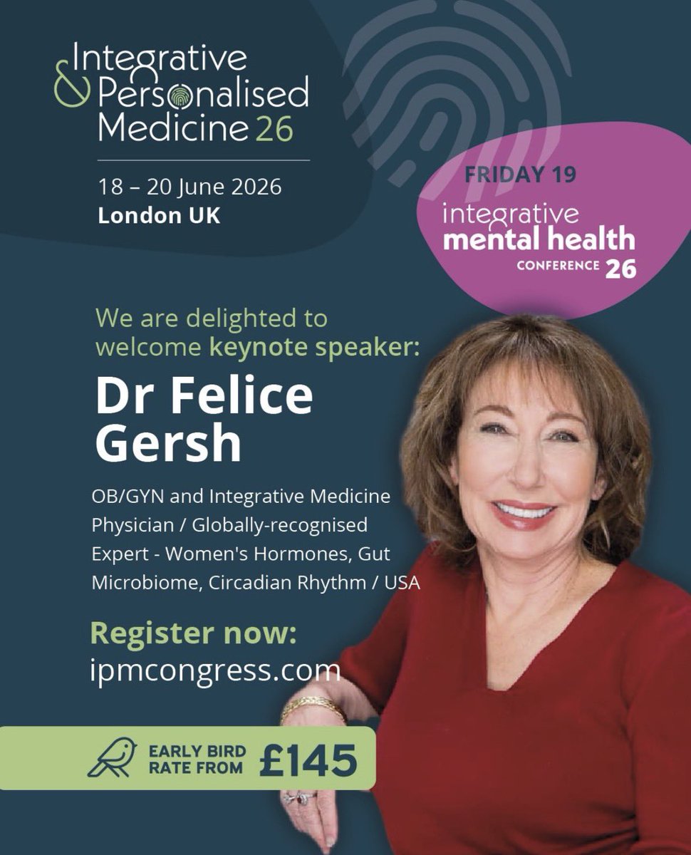 ipmcongress's tweet photo. We’re delighted to welcome Dr Felice Gersh as a keynote speaker at the Integrative Mental Health Conference during #IPM2026.
Global expert in women’s hormones, menopause and integrative medicine.
📍 London
📅 18–20 June
Register: https://t.co/2gRsa7yXIN https://t.co/pCUOdZwRCG