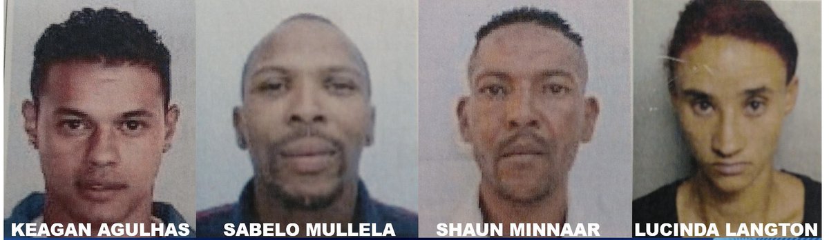 #Wanted

Police in KwaZulu-Natal are seeking the assistance of the public in locating Lucinda Langton, Shaun Minnaar, Keegan Agulhas and Sabelo Mullela from Johannesburg. 

The suspects are wanted for a case of fraud that was reported at Pietermaritzburg.

On 09 April 2020, a