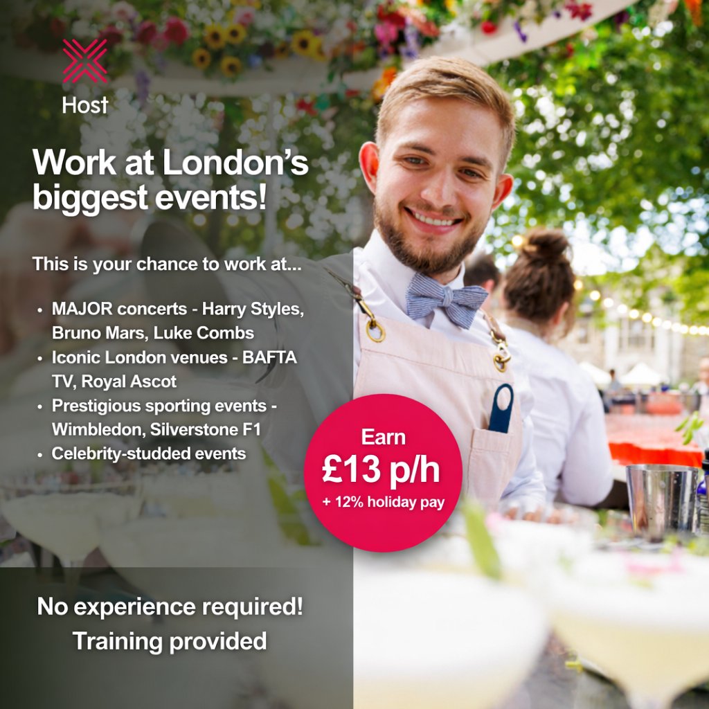 Join Host for fun part-time hospitality jobs in #London 🎉

Work at amazing events; from concerts to major sporting events &amp; iconic venues.

✔ Choose when &amp; where you work
✔ No experience needed (training provided)
✔ £13+ per hour+weekly pay

Apply now: bit.ly/4b8bESW