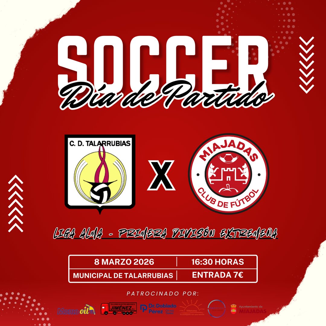 ⚽🔥 JORNADA 19 🔥⚽

📅 Domingo 8 de Marzo
🆚 <a href="/cdtalarrubias/">C.D. Talarrubias</a> 
🏟️ Municipal de Talarrubias
🕟 16:30 h
🎟️ Entrada 7€